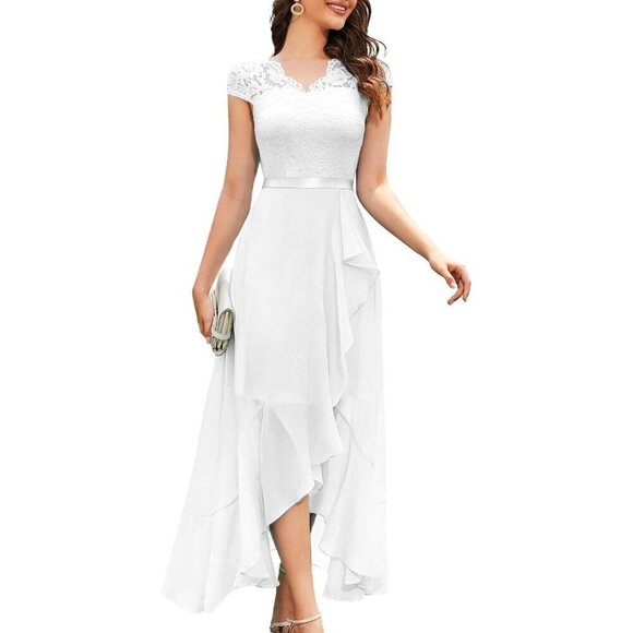 Dresses & Skirts - Women's White V-Neck Hi-Lo Floral Lace Prom Cocktail Party Formal Dress